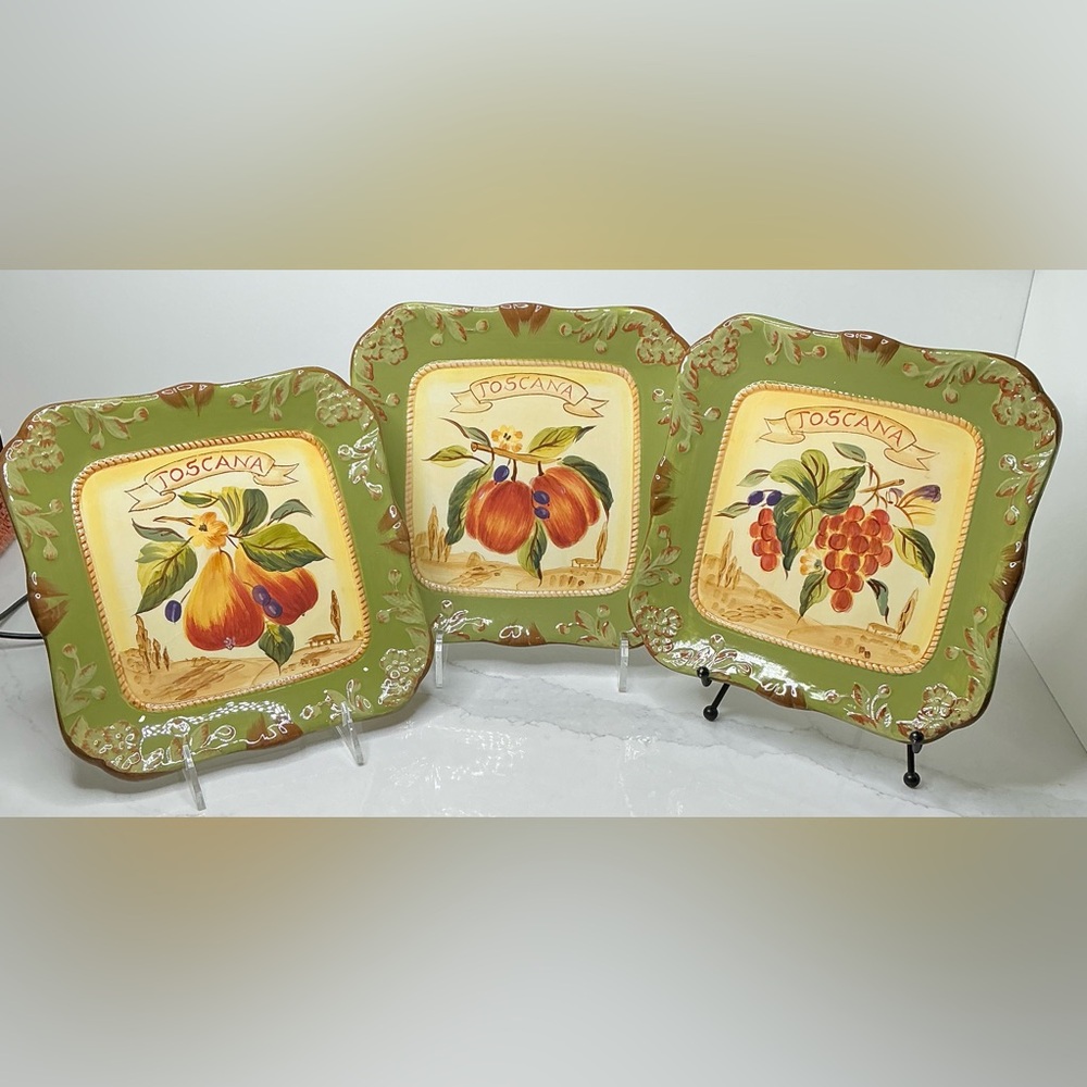 3 Certified International Tuscano 9” Plates Square Pears, Grapes& Peaches Decor